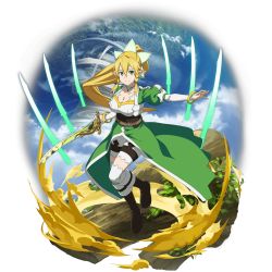 Rule 34 | 1girl, blonde hair, boots, bracelet, braid, breasts, brown footwear, cape, choker, cleavage, collarbone, corset, floating hair, full body, green cape, green eyes, hair between eyes, hair ornament, high ponytail, highres, holding, holding sword, holding weapon, jewelry, large breasts, leafa, long hair, long sleeves, looking at viewer, official art, outstretched arm, shorts, smile, solo, sword, sword art online, thighhighs, transparent background, twin braids, very long hair, waist cape, weapon, white shorts, white sleeves, white thighhighs