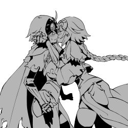 Rule 34 | 2girls, ahoge, armor, armored dress, blush, braid, breasts, cape, closed eyes, dual persona, embarrassed, face-to-face, fate/grand order, fate (series), gauntlets, gloves, greyscale, hair between eyes, hands on another&#039;s face, headpiece, highres, imminent kiss, jeanne d&#039;arc (fate), jeanne d&#039;arc (ruler) (fate), jeanne d&#039;arc alter (avenger) (fate), jeanne d&#039;arc alter (fate), large breasts, long hair, monochrome, multiple girls, poriuretan, selfcest, short hair, simple background, thighhighs, torn cape, torn clothes, very long hair, white background, yuri