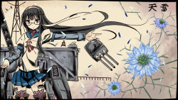 Rule 34 | 10s, 1girl, artist name, black hair, blue eyes, cannon, glasses, hairband, heavens thunder (byakuya-part2), highres, hip vent, kantai collection, long hair, looking at viewer, machinery, ooyodo (kancolle), pleated skirt, school uniform, skirt, solo, traditional media, turret