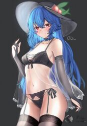 Rule 34 | 1girl, absurdres, bikini, black background, black bikini, black bra, black hairband, black panties, black thighhighs, blue hair, bra, breasts, closed mouth, commentary, cowboy shot, cross-laced clothes, food, fruit, hairband, highres, hinanawi tenshi, leaf, long hair, looking at viewer, navel, panties, peach, red eyes, side-tie panties, signature, simple background, small breasts, standing, swimsuit, thighhighs, touhou, underwear, vodeferr