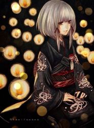 Rule 34 | 1girl, albino, blunt bangs, fatal frame, fatal frame 5, flat chest, floral print, flower, from side, hair ribbon, hands on lap, highres, japanese clothes, kamiyamana, kimono, lantern, lens flare, light smile, long sleeves, md5 mismatch, night, obi, paper lantern, red eyes, resolution mismatch, revision, ribbon, sash, seiza, shiragiku (fatal frame), short hair, sidelocks, sitting, sleeves past wrists, solo, source smaller, spider lily, spider lily print, tress ribbon, twitter username, white hair, wide sleeves