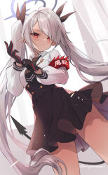 Rule 34 | 1girl, armband, black necktie, black skirt, black tail, blue archive, closed mouth, collared shirt, cowboy shot, dark-skinned female, dark skin, demon tail, grey hair, halo, highres, iori (blue archive), long hair, long sleeves, looking at viewer, momoyama momo, necktie, pointy ears, purple halo, red armband, red eyes, shirt, skirt, solo, tail, twintails, twitter username, white shirt