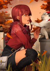 Rule 34 | 1girl, absurdres, bag, boots, braid, breasts, cat, chainsaw man, christmas, commentary, english commentary, grass, handbag, hat, highres, injury, khyle., lamppost, makima (chainsaw man), outdoors, red hair, red sweater, ringed eyes, santa hat, scarf, scratches, skirt, squatting, sweater, thigh boots, thighhighs, tree, yellow eyes