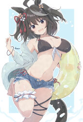 1girl :d animal_ears bikini black_bikini black_hair blue_background blue_shorts bow bracelet breasts brown_eyes commentary_request ear_ribbon highres horse_ears horse_girl horse_tail innertube jewelry kannagiray kitasan_black_(umamusume) large_breasts looking_at_viewer multicolored_hair navel open_mouth red_ribbon ribbon short_shorts shorts smile solo standing standing_on_one_leg streaked_hair swim_ring swimsuit tail teeth twitter_username two-tone_background umamusume upper_teeth_only white_background