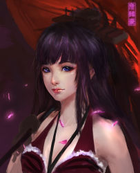 Rule 34 | 10s, 1girl, absurdres, blue eyes, brown hair, cherry blossoms, eyelashes, hair ornament, highres, holding, kantai collection, kc (kccorporation), kevin chandra, lips, long hair, looking at viewer, nose, oil-paper umbrella, ponytail, portrait, purple hair, realistic, solo, swimsuit, umbrella, yamato (kancolle)