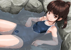 1girl bare_arms bare_shoulders blue_one-piece_swimsuit breasts brown_eyes brown_hair closed_mouth commentary_request day looking_at_viewer one-piece_swimsuit original outdoors partially_submerged ponytail pubic_mound rohitsuka school_swimsuit small_breasts smile solo swimsuit water