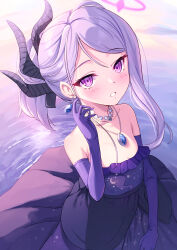 Rule 34 | 1girl, black horns, blue archive, blush, dangle earrings, demon horns, dress, earrings, elbow gloves, gloves, halo, highres, hina (blue archive), hina (dress) (blue archive), horns, itaba atsushi, jewelry, long hair, looking at viewer, multiple horns, necklace, official alternate costume, official alternate hairstyle, open mouth, pendant, purple dress, purple eyes, purple gloves, solo, strapless, strapless dress, white hair