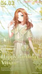 Rule 34 | &gt; o, 1girl, bag, bracelet, breasts, brown hair, cloud, collarbone, commentary, copyright name, dated commentary, day, dress, earrings, english commentary, english text, flower, freckles, green dress, green eyes, hair flower, hair ornament, happy birthday, highres, holding, holding bag, jewelry, official art, one eye closed, outdoors, shining nikki, small breasts, solo, sunlight, timestamp