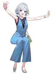 Rule 34 | 1girl, :d, absurdres, alternate costume, armpits, bag, bangle, black shirt, blue eyes, blue hair, blue sash, blue suit, bracelet, formal, frilled sleeves, frills, full body, gradient hair, grey footwear, grey hair, handbag, high heels, highres, invisible chair, jewelry, kaga sumire, light blue hair, looking at viewer, mole, mole under eye, multicolored hair, nemoto yuuma, open mouth, outstretched arms, overalls, parted bangs, ring, sash, shirt, shoes, short hair, short sleeves, short twintails, simple background, sitting, smile, solo, suit, twintails, virtual youtuber, vspo!, white background