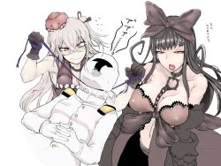 Rule 34 | 10s, 1boy, 2girls, abyssal ship, admiral (kancolle), animal, animal on head, asphyxiation, bare shoulders, black bow, black dress, black gloves, black hair, black lips, black ribbon, blush, bow, breasts, buttons, chain, choker, cleavage, collarbone, colored skin, covered erect nipples, crab, crustacean, destroyer water oni, dress, gloves, gothic lolita, hair between eyes, hair ribbon, interlocked fingers, kantai collection, large breasts, lipstick, lolita fashion, long hair, long sleeves, makeup, military, military uniform, multiple girls, navel, nose blush, on head, one side up, open mouth, orange eyes, own hands together, purple ribbon, ribbon, sailor dress, seaplane tender princess, strangling, sukueni, text focus, translation request, uniform, wavy mouth, white gloves, white hair, white skin