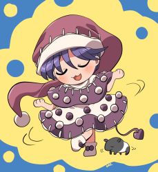 Rule 34 | 1girl, animal, black dress, blue hair, blush, doremy sweet, dress, full body, hair between eyes, hat, multicolored clothes, multicolored dress, nightcap, open mouth, pom pom (clothes), red hat, rokugou daisuke, short hair, signature, smile, solo, tail, tapir, tapir tail, touhou, white dress, white footwear