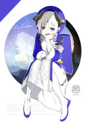 Rule 34 | 1boy, :d, black horns, blue eyes, blue headwear, copyright name, earrings, facial mark, forehead mark, full body, gloves, highres, horns, jewelry, long sleeves, looking at viewer, makinasu (pixiv fantasia age of starlight), male focus, oh sino, open mouth, pixiv fantasia, pixiv fantasia age of starlight, sitting, smile, white footwear, white gloves, white hair