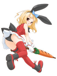 Rule 34 | 1girl, amano yuu, animal ears, ass, bare shoulders, black panties, blonde hair, blush, boots, bow, carrot, dress, gloves, hair bow, large bow, long hair, original, panties, rabbit ears, rabbit tail, red dress, red eyes, red skirt, red thighhighs, short hair, skirt, solo, tail, thighhighs, underwear, upskirt, walking