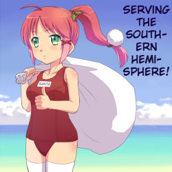 Rule 34 | beach, christmas, green eyes, hard-translated, meow (nekodenki), one-piece swimsuit, original, pink hair, ponytail, sack, school swimsuit, swimsuit, thighhighs, third-party edit, translated