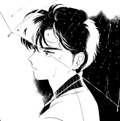 Rule 34 | 1boy, black hair, close-up, eyelashes, from side, greyscale, holding, holding umbrella, jacket, light frown, looking to the side, male focus, monochrome, original, rain, retro artstyle, shundei (enig), thick eyebrows, umbrella, water drop