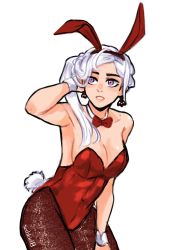 Rule 34 | 1girl, animal ears, bare shoulders, blush, bow, bowtie, breasts, cleavage, covered navel, detached collar, edelgard von hresvelg, fake animal ears, fire emblem, fire emblem: three houses, fishnet pantyhose, fishnets, gloves, hair ornament, hair ribbon, highres, leotard, long hair, looking at viewer, nintendo, pantyhose, playboy bunny, purple eyes, rabbit, rabbit ears, rabbit tail, ribbon, sethkiel, side ponytail, simple background, solo, strapless, strapless leotard, tail, white hair, wrist cuffs