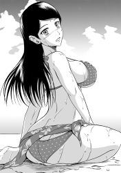 Rule 34 | 1girl, ass, back, bare shoulders, bikini, black hair, blush, breasts, butt crack, large breasts, long hair, looking at viewer, looking back, monochrome, open mouth, original, polka dot, polka dot bikini, puddle, sarong, shiina nami, solo, swimsuit, thick thighs, thighs, wet, wet clothes, wet swimsuit