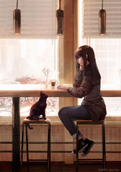 Rule 34 | 1girl, absurdres, animal, animal ears, black cat, window blinds, brown eyes, brown hair, building, cafe, cat, cat ears, cat tail, coffee, commentary, converse, counter, denim, english commentary, flower, flower pot, full body, highres, indoors, jeans, lien-tsu, long hair, looking at animal, looking at another, looking down, original, pants, profile, shoes, sitting, sneakers, solo, stool, sweater, tail, window