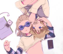 Rule 34 | 2boys, blonde hair, blue eyes, brown hair, child, clothes lift, digital media player, dylan keith, glasses, goggles, gorugon, green eyes, hug, inazuma eleven, inazuma eleven (series), ipod, male focus, mark kruger, multiple boys, shirt lift, short hair, smile, sunglasses, yaoi