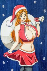 Rule 34 | 1girl, absurdres, breasts, christmas, highres, huge breasts, long hair, nami (one piece), one piece, orange hair, snow, solo