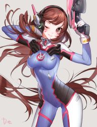 Rule 34 | 1girl, arm behind head, arm up, armor, artist name, bad id, bad twitter id, bodysuit, boots, bracer, breasts, brown eyes, brown hair, character name, charm (object), d.va (overwatch), eyebrows, eyelashes, facepaint, facial mark, finger on trigger, gloves, gun, handgun, hands up, headphones, highres, holding, holding gun, holding weapon, legs apart, long hair, long sleeves, looking at viewer, matching hair/eyes, medium breasts, one eye closed, overwatch, overwatch 1, parted lips, pauldrons, pilot suit, pink lips, ribbed bodysuit, seoji, shoulder armor, shoulder pads, simple background, skin tight, smile, solo, teeth, thigh boots, thigh strap, thighhighs, turtleneck, very long hair, weapon, whisker markings, white footwear, white gloves