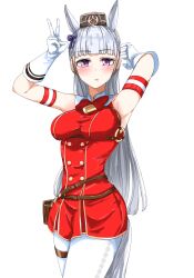 Rule 34 | 1girl, absurdres, animal ears, arm up, armpits, blush, bow, breasts, buttons, closed mouth, double-breasted, dress, ear bow, gloves, gold ship (umamusume), grey hair, highres, horse ears, horse girl, horse tail, impossible clothes, large breasts, long hair, looking at viewer, nerukichikatafukuma, pantyhose, pillbox hat, purple bow, red dress, solo, tail, thigh strap, umamusume, white background, white gloves, white pantyhose