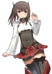 Rule 34 | 1girl, anchor, arm at side, bike shorts, black footwear, black shorts, blush, boots, brown eyes, brown hair, clenched teeth, collar, corset, covered navel, dutch angle, flat chest, hand up, headband, highres, kantai collection, long hair, long sleeves, looking at viewer, miniskirt, namae hamada, parted lips, pleated skirt, ponytail, red skirt, shirt, shorts, shorts under skirt, simple background, skirt, solo, sweatdrop, taihou (kancolle), teeth, thigh boots, thighhighs, v-shaped eyebrows, white background, white shirt