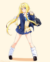 Rule 34 | 1girl, absurdres, alice zuberg, bag, black footwear, blazer, blonde hair, blue bow, blue bowtie, blue eyes, blue jacket, blue skirt, blush, bow, bowtie, braid, braided ponytail, buttons, closed mouth, collared shirt, commentary request, eugeo, felutiahime, floating hair, full body, hair ribbon, hairband, hand in pocket, highres, holding, holding bag, jacket, kirito, legs apart, loafers, long hair, long sleeves, looking at viewer, loose socks, miniskirt, plaid, plaid skirt, pleated skirt, ribbon, school bag, school uniform, shirt, shoes, simple background, single braid, skirt, socks, solo, standing, sword art online, sword art online: alicization, very long hair, vest, white hairband, white ribbon, white shirt