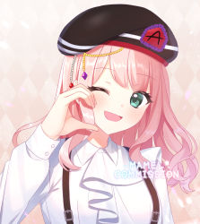 Rule 34 | 1girl, ;d, argyle, argyle background, argyle clothes, bang dream!, beret, black hat, brown background, collared shirt, commentary, commission, green eyes, hand up, hat, long hair, long sleeves, looking at viewer, mamel 27, one eye closed, open mouth, pink hair, shirt, smile, solo, suspenders, uehara himari, watermark, white shirt