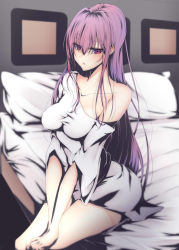 Rule 34 | 1girl, bare shoulders, bed, bed sheet, breasts, cushion, covered erect nipples, fate/grand order, fate (series), half-closed eyes, highres, looking to the side, purple eyes, purple hair, scathach (fate), scathach (fate), sitting, solo, tetsu (excalibur920)