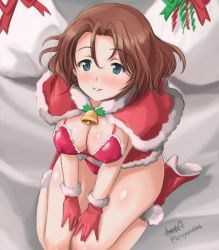 Rule 34 | 10s, 1girl, ankle boots, artist name, azumi (girls und panzer), bad id, bad twitter id, bag, bell, bikini, blue eyes, blush, boots, bow, breasts, brown hair, capelet, christmas, cleavage, closed mouth, full body, girls und panzer, gloves, hands on thighs, haruhata mutsuki, jingle bell, kneeling, large breasts, looking at viewer, oversized object, parted bangs, red bikini, red footwear, red gloves, santa costume, short hair, signature, smile, solo, swimsuit, twitter username