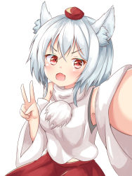 Rule 34 | 1girl, :d, animal ears, breasts, detached sleeves, inubashiri momiji, large breasts, looking at viewer, open mouth, red skirt, rururiaru, selfie, shirt, short hair, simple background, skirt, smile, solo, touhou, v, v-shaped eyebrows, white background, white hair, white shirt, white sleeves, wolf ears, wolf girl