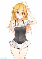 Rule 34 | 1girl, :d, antenna hair, arm behind back, arm up, armpits, bare shoulders, black one-piece swimsuit, blonde hair, braid, casual one-piece swimsuit, collarbone, frilled swimsuit, frills, gradient eyes, hair between eyes, head tilt, hip focus, kirisame marisa, long hair, looking at viewer, messy hair, multicolored eyes, nirap, one-piece swimsuit, open mouth, orange eyes, salute, signature, simple background, single braid, smile, solo, standing, swimsuit, thigh gap, thighs, touhou, two-finger salute, white background, yellow eyes