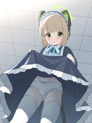Rule 34 | 1girl, absurdres, animal ears, apron, black dress, blonde hair, blue archive, blue bow, blush, bow, bow panties, cat ears, cat tail, chiri tsumoo, clothes lift, dress, dress lift, fake animal ears, fake tail, frilled dress, frills, green eyes, green halo, halo, headphones, highres, lifting own clothes, looking at viewer, maid, maid apron, maid headdress, medium hair, midori (blue archive), midori (maid) (blue archive), open mouth, panties, sidelocks, simple background, tail, thighhighs, underwear, white apron, white panties, white thighhighs
