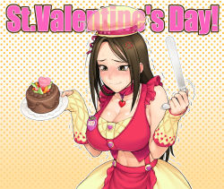 Rule 34 | 1girl, anger vein, apron, arm warmers, bang-you, bare shoulders, black hair, blush, breasts, brown eyes, brown hair, cake, character name, chef hat, chocolate, chocolate cake, choker, cleavage, collar, d-frag!, detached sleeves, plate, embarrassed, english text, face, food, food-themed clothes, forced smile, fruit, full-face blush, hat, heart, idolmaster, idolmaster cinderella girls, ijimeka (meme), knife, large breasts, laughing, leaning forward, long hair, meme, midriff, mukai takumi, navel, oven mitts, parody, plate, polka dot, polka dot background, red ribbon, ribbon, smile, solo, standing, sun symbol, sweatdrop, tears, text focus, trembling, tv show, valentine, waist apron, wavy mouth