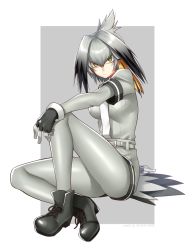 Rule 34 | 10s, 1girl, armhighs, bird, bird tail, bodystocking, boots, commentary request, fingerless gloves, full body, gloves, green eyes, hattori masaki, head wings, kemono friends, multicolored hair, necktie, pantyhose, shoebill (kemono friends), shoebill tail, solo, tail, wings