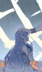 Rule 34 | 1girl, 1other, absurdres, aged down, blurry, blurry background, bracelet, child, dress, elf, eyelashes, frieren, headpat, highres, holding, holding scroll, jewelry, light particles, long hair, pointy ears, profile, scroll, single bare arm, sketch, sleeveless, sleeveless dress, sousou no frieren, upper body, yofuraruto