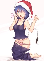 Rule 34 | 1girl, ;o, bad id, bad pixiv id, barefoot, blue eyes, blue hair, bow, bow panties, breasts, clothes pull, commentary request, contemporary, doremy sweet, groin, hat, hip focus, looking at viewer, medium breasts, nightcap, one eye closed, panties, panty pull, pink panties, short hair, skirt, skirt pull, solo, tail, tank top, tapir tail, tears, touhou, underwear, undressing, yawning, yonaga (masa07240)