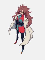 Rule 34 | 1girl, android 21, breasts, checkered clothes, checkered dress, dragon ball, dragon ball fighterz, dress, earrings, from above, glasses, grey background, hoop earrings, jewelry, kemachiku, lab coat, long hair, medium breasts, red hair, red ribbon army, simple background, solo, standing