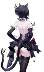 Rule 34 | 1girl, animal ears, artist name, ass, back, back focus, backless dress, backless outfit, bare back, black choker, black dress, black gloves, black hair, black thighhighs, cat ears, cat girl, cat tail, choker, commentary, cowboy shot, dress, elbow gloves, from behind, gloves, highres, original, sheya, short dress, short hair, signature, solo, standing, symbol-only commentary, tail, thighhighs, thighs