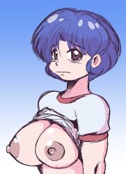 Rule 34 | 1girl, blue hair, breasts, breasts out, brown eyes, closed mouth, clothes lift, female focus, flashing, gradient background, gradient hair, gym uniform, large breasts, looking at viewer, multicolored hair, nipples, no bra, ranma 1/2, shirt lift, short hair, simple background, solo, tendou akane, upper body, yashiro a. marino