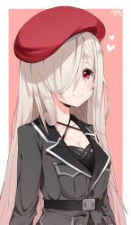 Rule 34 | 1girl, beret, blonde hair, blush, breast pocket, breasts, character name, cleavage, commentary, g36c (girls&#039; frontline), girls&#039; frontline, hair over one eye, hat, highres, long hair, long sleeves, looking at viewer, pocket, red eyes, red hat, smile, solo, tosyeo, upper body