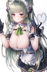 Rule 34 | 1girl, apron, ascot, black dress, black gloves, blunt bangs, breasts, cleavage, closed mouth, detached collar, detached sleeves, dress, frills, gloves, goddess of victory: nikke, green ascot, green hair, hands up, heart, highres, large breasts, long hair, maid, maid apron, maid headdress, mole, mole on breast, puffy short sleeves, puffy sleeves, purple eyes, short sleeves, smile, snm (sunimi), soda (nikke), solo, very long hair