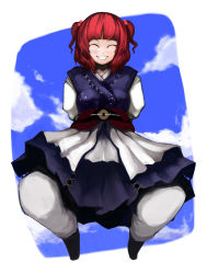 Rule 34 | 1girl, :d, ^ ^, apron, belt, blue dress, blue sky, border, bow, braid, closed eyes, cloud, cloudy sky, day, dress, female focus, full body, grin, hair bobbles, hair ornament, jumping, laboto, long sleeves, obi, onozuka komachi, open mouth, pants, red hair, sash, short hair, sky, smile, solo, teeth, touhou, twintails, two side up, waist apron, white pants