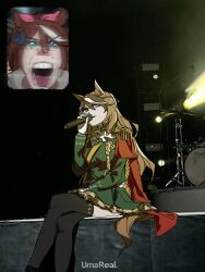 Rule 34 | 2girls, animal ears, blue eyes, bow, brown hair, coat, commentary request, crossed legs, drum, drum set, fan screaming at madison beer (meme), feet out of frame, gh0st2 uma, gloves, green coat, hair between eyes, hair bow, highres, holding, holding microphone, horse ears, horse girl, horse tail, instrument, long bangs, long hair, looking at viewer, meme, microphone, motion blur, multicolored hair, multiple girls, open mouth, photo background, pink bow, purple eyes, sitting, solo focus, streaked hair, symboli rudolf (umamusume), tail, tassel, tokai teio (umamusume), umamusume, v-shaped eyebrows, white gloves