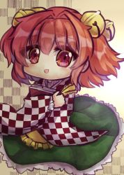 Rule 34 | 1girl, apron, bell, book, checkered background, checkered clothes, checkered shirt, frilled skirt, frills, full body, green skirt, hair bell, hair ornament, highres, holding, holding book, jingle bell, long sleeves, looking at viewer, medium hair, motoori kosuzu, one-hour drawing challenge, open mouth, orange eyes, orange hair, shirt, skirt, smile, solo, touhou, two side up, unime seaflower, wide sleeves, yellow apron