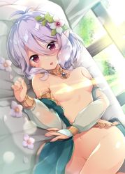 Rule 34 | 1girl, antenna hair, bad id, bad twitter id, bare shoulders, blush, breasts, bridal gauntlets, choker, dress, flower, granblue fantasy, green dress, green one-piece swimsuit, green sleeves, hair between eyes, hair flower, hair ornament, kokkoro (princess connect!), light purple hair, long sleeves, looking at viewer, lying, maruchan., on side, one-piece swimsuit, open mouth, pink flower, pointy ears, princess connect!, puffy long sleeves, puffy sleeves, purple eyes, see-through, see-through sleeves, short hair, sleeveless, sleeveless dress, small breasts, smile, solo, swimsuit, white flower