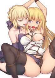 Rule 34 | 2girls, arms up, artoria pendragon (all), artoria pendragon (fate), bad id, bad pixiv id, ball gag, bdsm, black legwear, blonde hair, blush, bondage, bound, bound wrists, braid, breasts, closed mouth, drooling, elbow gloves, fate/apocrypha, fate/grand order, fate (series), french braid, gag, gagged, gloves, gothic lolita, highres, jeanne d&#039;arc (fate), jeanne d&#039;arc (ruler) (fate), lolita fashion, long hair, looking at another, medium breasts, multiple girls, purple gloves, saber alter, saliva, shibari, sidelocks, simple background, sitting, spread legs, tears, thighhighs, thighs, tsuki suigetsu, tsurime, white background, wiffle gag