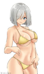 Rule 34 | 1girl, bikini, blue eyes, breasts, character name, collarbone, contrapposto, cowboy shot, dated, eyes visible through hair, hair ornament, hair over one eye, hairclip, hamakaze (kancolle), highres, kantai collection, large breasts, looking at viewer, short hair, silver hair, simple background, smile, solo, swimsuit, timato, twitter username, white background, yellow bikini