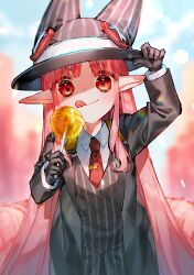 Rule 34 | 1girl, :q, black gloves, blurry, blurry background, candy, fate/grand order, fate (series), food, formal, gloves, habetrot (fate), hat, highres, kenne 28, licking lips, lollipop, long hair, orange eyes, petite, pink hair, red tie, shirt, solo, suit, tongue, tongue out, upper body, white shirt